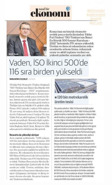 Vaden, İso İkinci 500'de 116 Sıra Birden Yükseldi