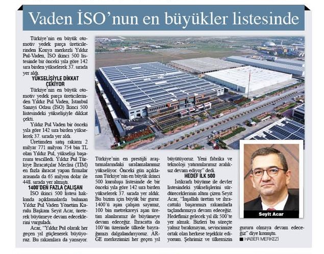 Vaden İSO'nun En Büyükler Listesinde