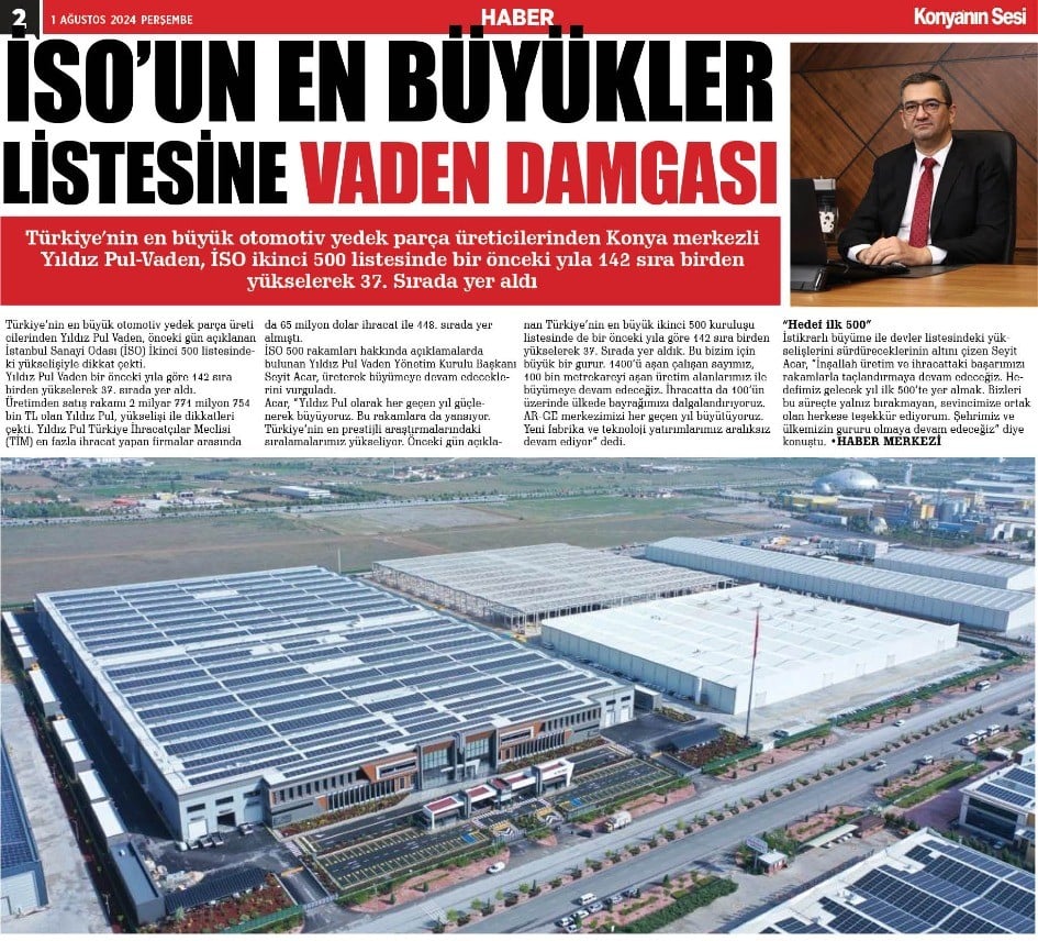 İSO' un En Büyükler Listesine Vaden Damgası